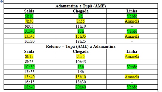 Quadro com os horários de saída de ônibus de Adamantina com destino ao AME em Tupã, e retorno (Imagem: Reprodução).