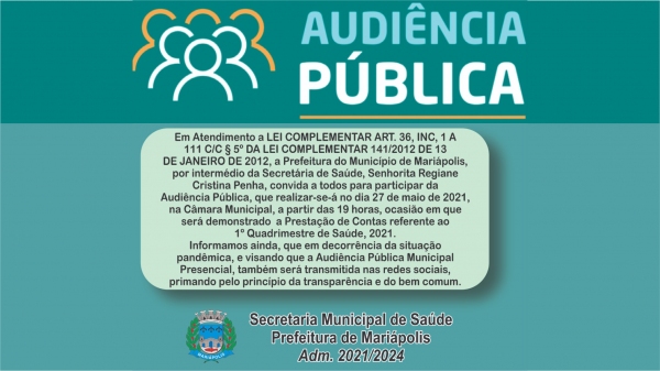 Transparência: Saúde de Mariápolis realiza audiência pública nesta quinta-feira