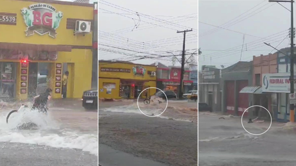 Jovem e a bicicleta foram arrastadas pela enxurrada (Reprodução).