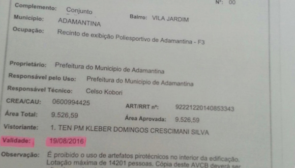 Último AVCB, emitido em 22 de agosto de 2014, teve sua validade até 19 de agosto passado, e não foi renovado pela Prefeitura, impedindo a realização do evento (Reprodução).