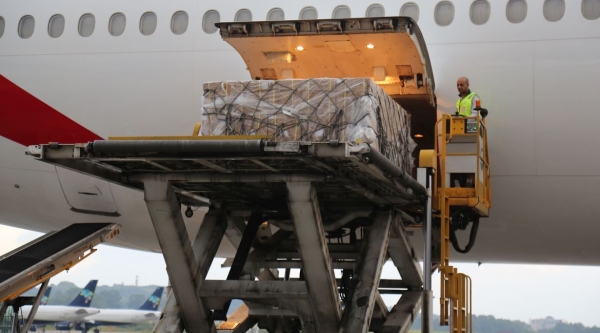 Desembarque da carga de kits de testes rápidos, máscaras cirúrgicas e óculos de proteção, no Aeroporto de Guarulhos (Divulgação/MS).