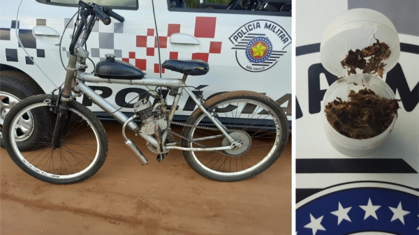 Droga era levada pelo condutor da bicicleta motorizada, autuado pro porte de entorpecente (Cedida/PM).
