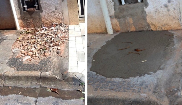 Antes e depois: buraco existente na calçada foi aberto para serviço de manutenção, pela Sabesp, e tapado após reportagem realizada pelo SIGA MAIS.