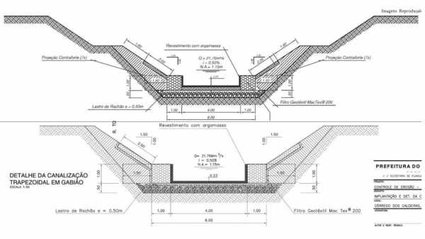 Na primeira imagem o projeto original, elaborado pela empresa Maccaferri; já a segunda imagem, projeto licitado, sem o colchão-reno (Reprodução).