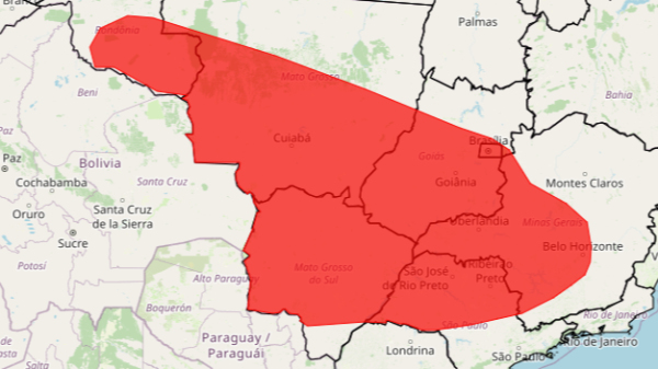 Área sob alerta de temperaturas elevadas (Reprodução/Inmet).