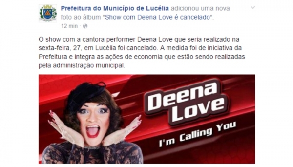 No Facebook, Prefeitura de Lucélia informa sobre cancelamento de show com a cantora performer Deena Love (Imagem: Reprodução).