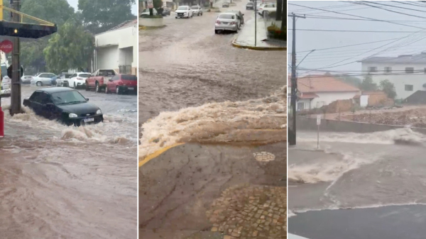 Enxurrada e ruas inundadas no centro de Adamantina (Cedidas/ Eliana Zanon e Douglas Benite).