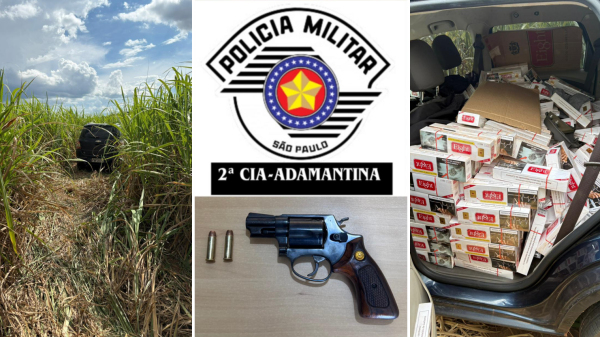 Arma e um dos veiculos envolvidos no roubo apreendidos pela Policia Militar (Cedida/PM).