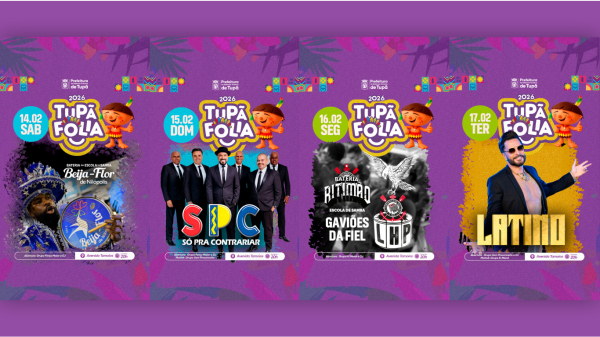 Tupã anuncia programação do Carnaval 2026, com Latino, SPC e baterias de escolas de samba