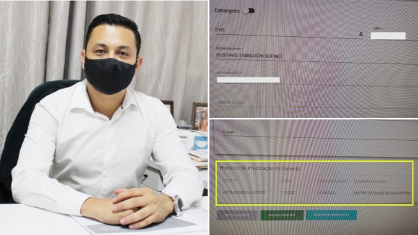 Secretário municipal de saúde, Gustavo Taniguchi Rufino, foi vacinado contra a Covid-19. De acordo como gesto e a Prefeitura, imunização ocorreu dentro do que prevê Norma Técnica, por ser trabalhador da saúde (Foto do secretário: PMA. Imagens do cadastro da vacina: Cedidas).