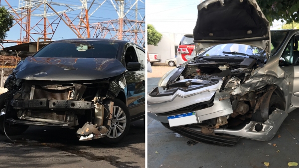 Automóvel Voyage que não respeitou a parada obrigatória e o Citroen atingido   (Foto: Siga Mais).
