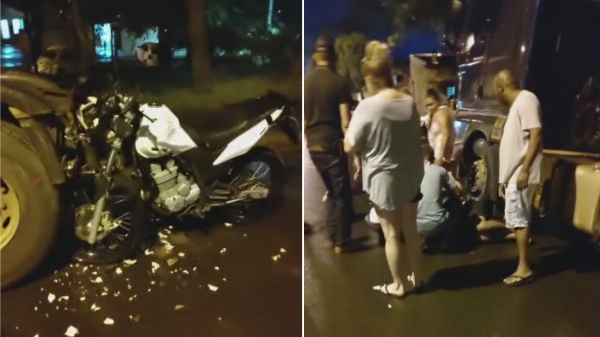 Por motivos a apurar, moto bateu na traseira de caminhão-trator que estava estacionado. Condutor da moto foi arremessado (Reprodução).