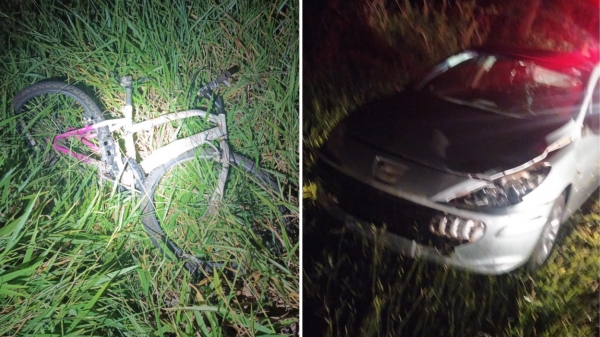 Bicicleta foi atingida na traseira pelo veículo. Condutor do automóvel estava sob efeito de bebida alcoólica, apontou o teste do bafômetro (Cedida/PM Rodoviária).