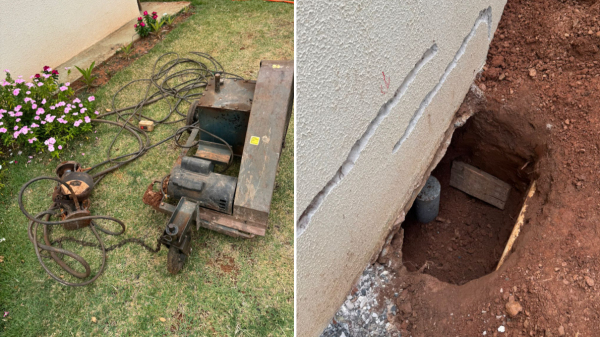 Equipamento usado no trabalho e o local onde o homem atuava na obra de reparo (Cedida).