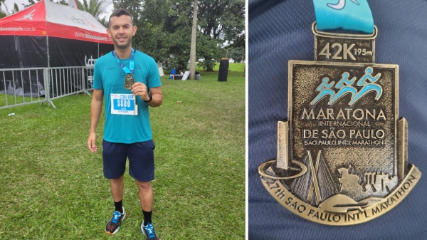 Soldado PM José Henrique Ferreira e a medalha da Maratona Internacional de São Paulo (Cedida/PM).