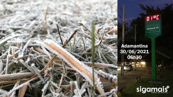 Região de vegetação nas proximidades do bairro Mário Covas e termômetro no Parque dos Pioneiros, na manhã desta quarta-feira (30) em Adamantina (Fotos: Siga Mais).