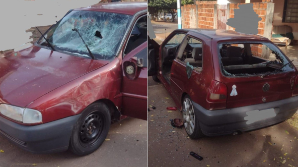 Carro danificado com marretadas (Cedida/PM).