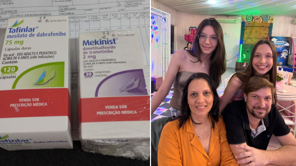 A imagem da postagem traz os medicamentos e a nota fiscal, e a Alexandre com a mulher e filhas (Reproducao).