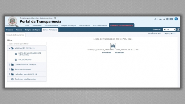 Tela do Portal da Transparência municipal onde está a lista com os  nomes de vacinados pela Covid-19 (Siga Mais).