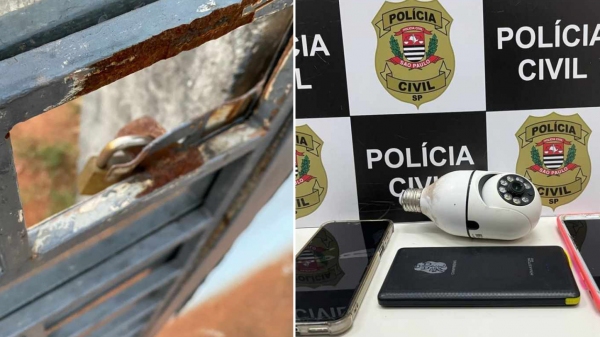 Portão do imóvel e lâmpada com câmera de monitoramento encontrada no imóvel. Celulares também foram apreendidos (Divulgação/DIG Tupã).