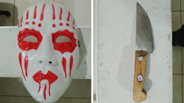 Máscara e faca usadas pelo assaltante na tentativa de roubo em Lucélia (Cedida/PM).