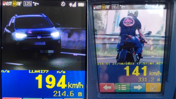 Registros de excesso de velocidade de automóvel de passeio e moto, no fim de semana, em rodovias da região (Cedida/PM Rodoviária).