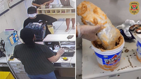 Jovem flagrado no momento da postagem do entorpecente oculto em potes de doce (Cedida/Pol?cia Civil).