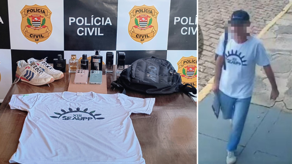 Camiseta encontrada nas buscas, usada por um dos envolvidos no dia do crime em Adamantina, e objetos recuperados (Cedida/PC).