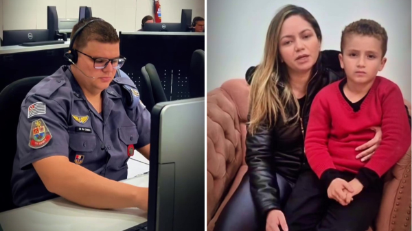 Cabo Cabrera iniciou atendimento no Copom, e Renata com o pequeno Mateus. O menino assumiu a interlocu??o com a PM (Reprodu??o/PM).