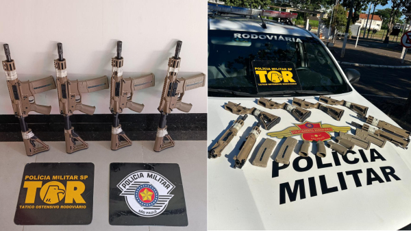 Quatro fuzis foram apreendidos pela Policia Militar Rodoviaria em Dracena (Cedida/PM Rodoviaria).