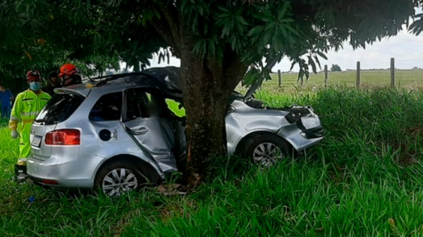 Carro atingiu violentamente uma árvore às margens da pista (Foto: Mariane Gava/Site Mais Tupã)