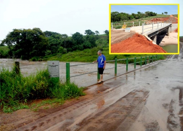 Cheia no Córrego dos Ranchos, em Mariápolis: a imagem maior (Foto: Aparecida Sousa) mostra o registro de hoje (29) e no detalhe (Foto: Arquivo), o baixo volume de águas, no perÃodo de estiagem.