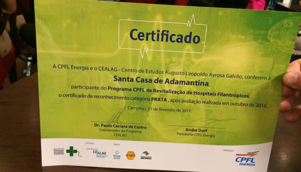 Certificado foi entregue à Santa Casa de Adamantina (Imagem: Cedida).