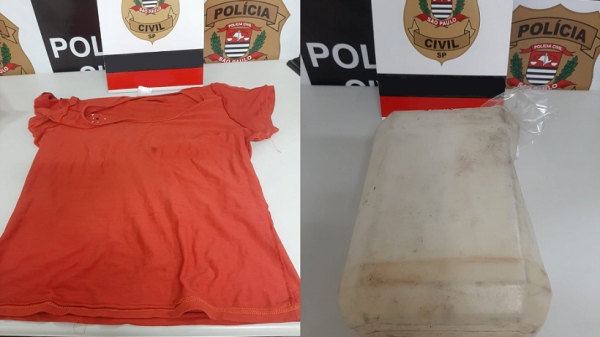 A roupa que a mulher usava, e que estava enxarcada com álcool, e o galão onde estava o combustível (Foto: SSP/SP).