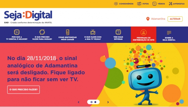 Site Seja Digital informa data do desligamento do sinal analógico de TV em Adamantina (Imagem: Reprodução).