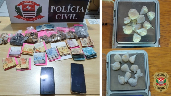 Dinheiro, celulares e droga apreendidos pela Polícia Civil em Dracena (Cedida/Polícia Civil).