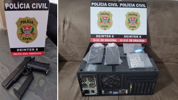 Simulacro de arma de fogo, computador e celular apreendidos nas buscas autorizadas pela Justiça e realizadas pela Polícia Civil em Dracena e Panorama (Cedida/Polícia Civil).