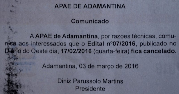 Comunicado publicado hoje no jornal Diário do Oeste informa sobre cancelamento de processo seletivo (Reprodução).