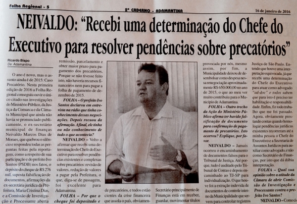 Entrevista de Neivaldo ao Jornal Folha Regional (Imagem: Reprodução).