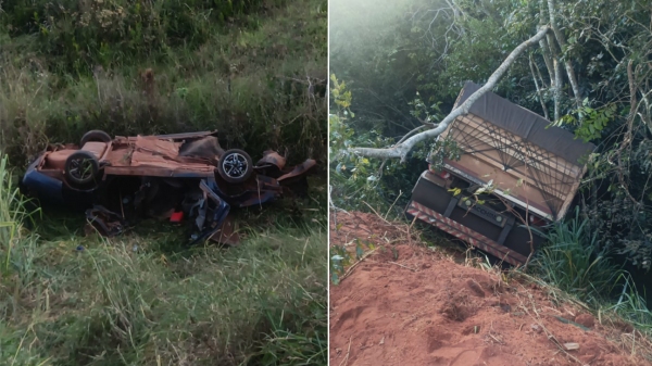 Automóvel de passeio e carreta bateram de frente. Dois ocupantes do carro morreram e condutor do veículo de carga não se feriu (Cedida/PM Rodoviária).