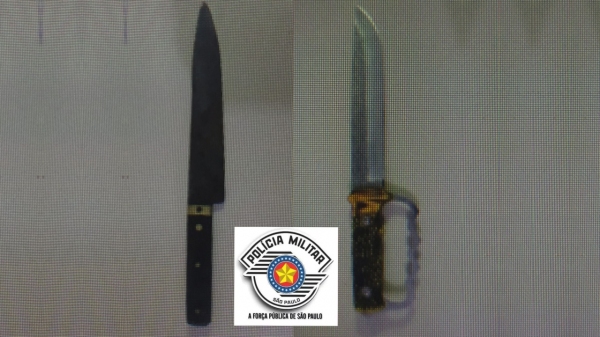 Objetos apreendidos pela PolÃcia Militar em Lucélia, após homem ser atingido com golpes de faca pelo próprio filho (Divulgação/PM).