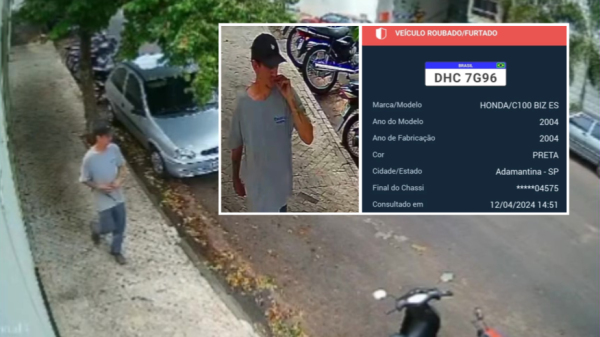 Momento do furto, imagens do suspeito e dados da moto levada (Reproducao).