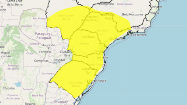 Em amarelo, faixa inserida no alerta de geada do Inmet (Reproducao/Inmet).