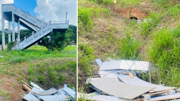 Partes de um guarda-roupas na regiao de passagem na linha f?rrea, proximidades da rodovi?ria (Imagens: Jornal Diario do Oeste).