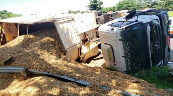 Parte da carga de amendoim ficou esparramada na pista. Motorista teve ferimentos de natureza leve. (Reprodução: Tupã Notícias).