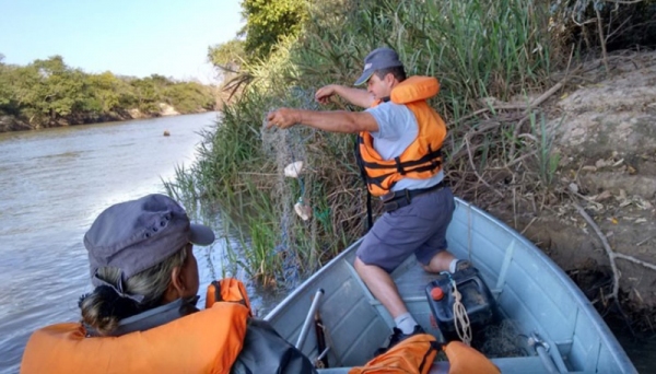 Policial durante apreensão de redes (Foto: Cedida/PM Ambiental )