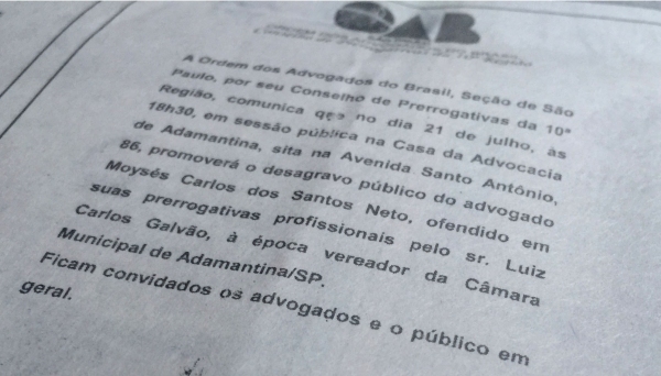 Publicação na imprensa escrita informa sobre desagravo público de advogado contra ex-vereador, em Adamantina (Foto: Siga Mais).