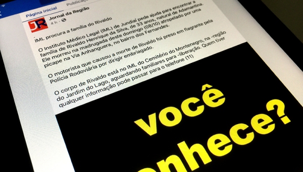 Você conhece? Publicação do Jornal da Região, de Jundiaí, relatava o ocorrido e pedia ajuda para localizar familiares do adamantinense morto por atropelamento na Via Anhanguera (Imagem: Reprodução).