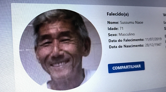 Corpo de Sussumu Naoe será sepultado às 15h30, no Cemitério da Saudade, em Adamantina (Reprodução/Haddad).