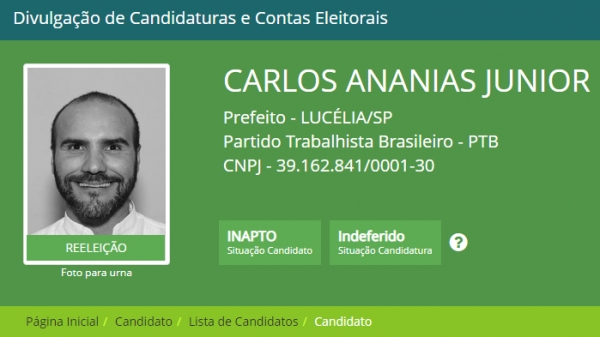 Atualização no sistema da Justiça Eleitoral já informa que candidato está inapto e com candidatura indeferida (Fonte: Divulga Cand).